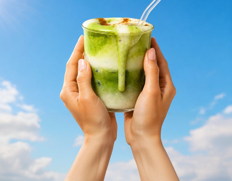 Mains tenant un matcha latte glace