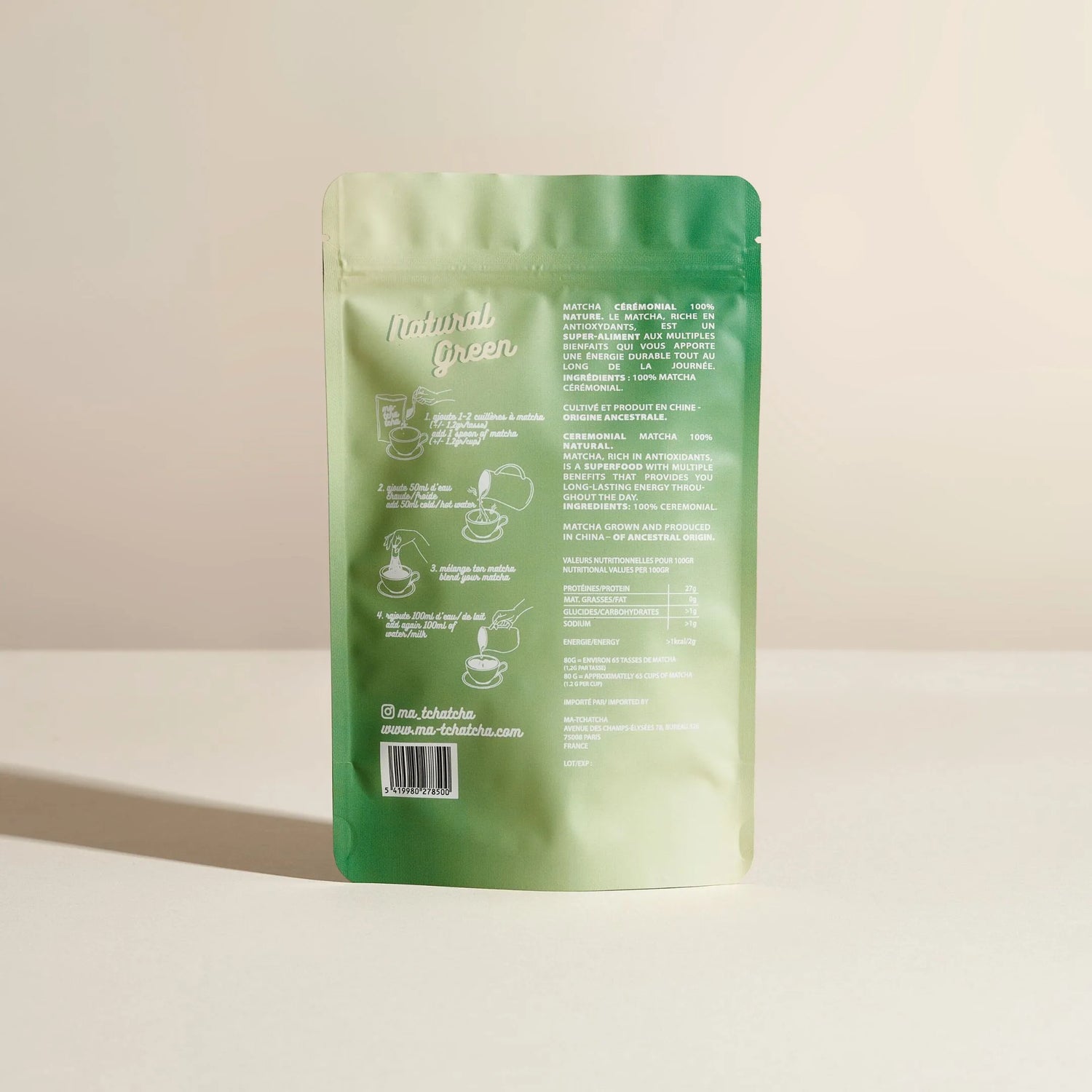 Le sachet de matcha nature avec les instructions et les ingrédients