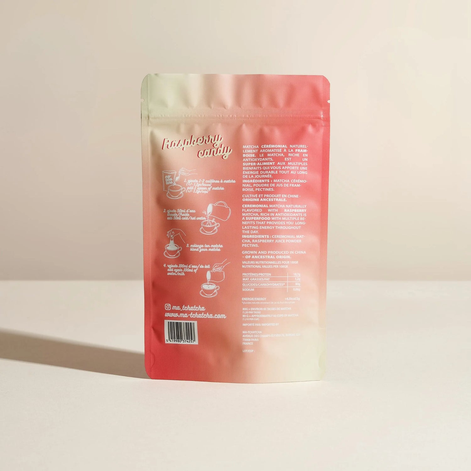 Le verso du sachet de matcha framboise avec les instructions et les ingrédients